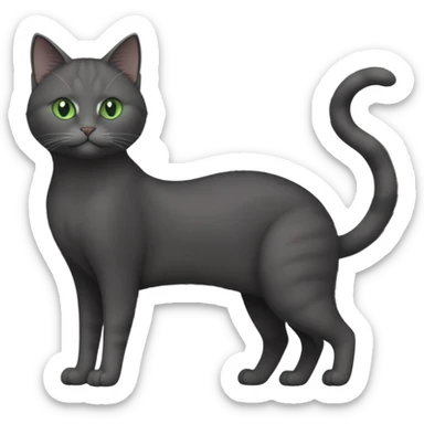 full body gorgeous solid dark grey cat with green eyes, white paws and white whiskers stretching like a cat sticker