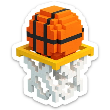 A voxel-style basketball in a net, detailed and intricate sticker