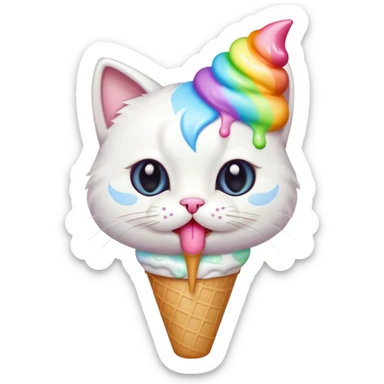 A cute white cat licking a colorful. Ice cream  sticker