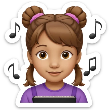 Niña de 4 años con ojos marrones claros, pelo castaño claro con dos moños altos y pelitos sueltos a modo de flequillo, nariz chata y risueña. Con nota musical sticker