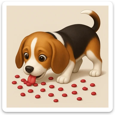 Beagle eats red food scattered on the floor, iphone emoji style, no bowl sticker