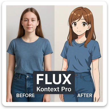 create before after image of a girl before is realsitic photo, after is anime version of her in same pose and clothes, add logo with text of a "FLUX Kontext Pro" sticker