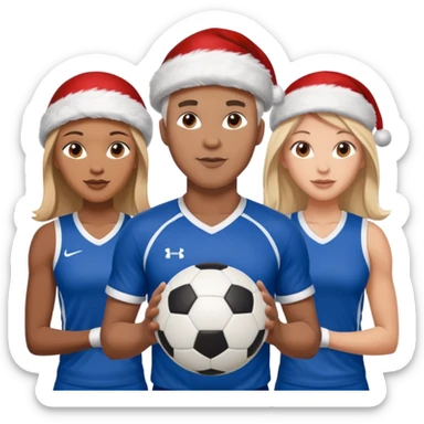 3 atletas, um homem no meio e duas mulheres com cores de pele diferentes, usando elementos esportivos, bola de futebol e bola de vôlei. Coloque um chapéu de papai noel das cores verde e com roupas azul e branco sticker