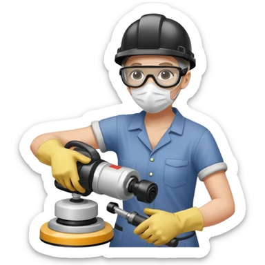 person using a disc grinder to cut a porcelain tile, wearing safety gear, simple and clear action sticker