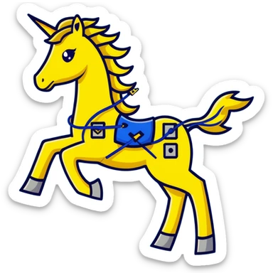 yellow fast electric horse made of electricity, bolts, visible yellow wires, lightning, blue electricity, dynamic galloping pose sticker