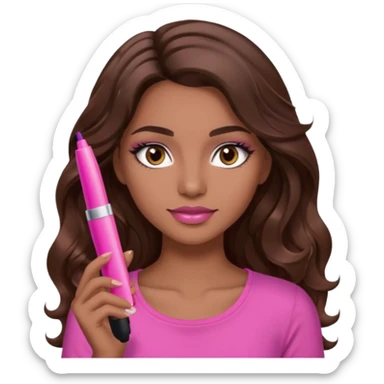 gorgeous woman, light brown skin, dark brown eyes, long wavy brown hair, pink top, wearing clear lipgloss and mascara  sticker
