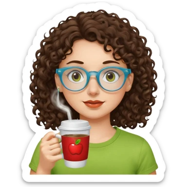 White girl with dark brown curly hair, brown eyes, sky blue glasses, nose ring, apple green t shirt, drinking coffee from a glass cup sticker