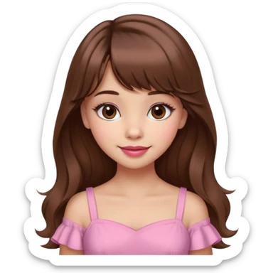 A cute girl with medium skin, soft pinkish cheeks, large bambi dark hazel eyes with long eyelashes, long wavy brown hair with bangs, medium straight nose with a soft tip, medium natural red lips, very feminine and pretty features, wearing a beautiful pink dress.l sticker