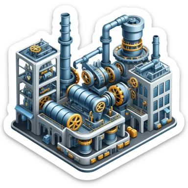 An icon featuring a giant factory with industrial machines and assembly lines, symbolizing mechanical engineering. The design includes gears, robotic arms, and blueprints, representing the creation of machinery and complex systems. Transparent background highlights innovation in manufacturing sticker
