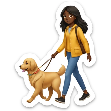 Black-long-haired girl walking with a golden retriever sticker