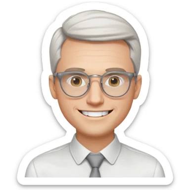30 yr old pale white man, white/grey side swept stylish hair, round glasses, big smile, white teeth, handsome, longer hair, thin glasses, white dress shirt, smooth forehead, botox, no tie, open collar sticker
