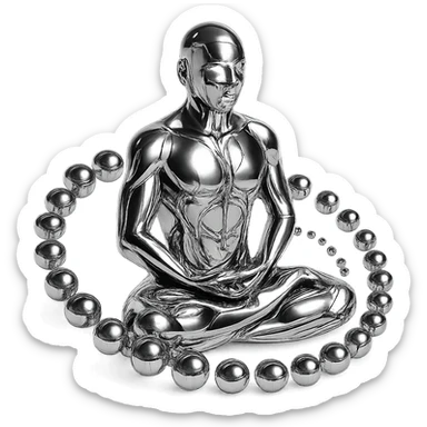chrome style figure meditating in the lotus position, surrounded by multiple reflective metallic spheres arranged in a spiral pattern, highly polished sticker