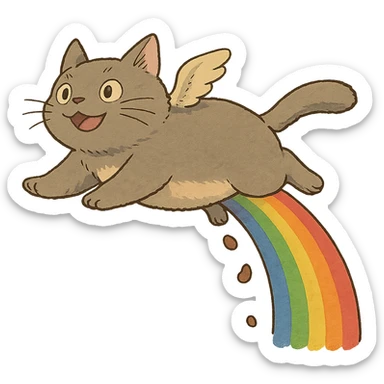 ghibli style flying cat pooping rainbows sticker