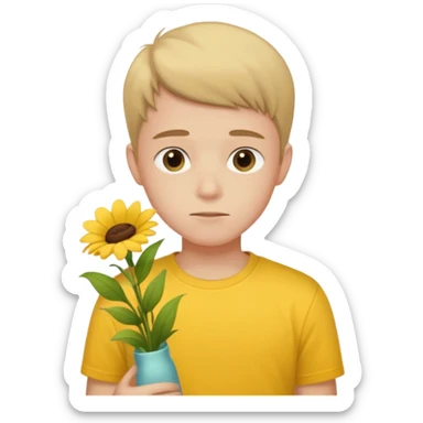 generate an ios genmoji of a 20 year old fair boy with faint upper lip hair (brown). should look like he cant grow a mustache., carrying a flower bouquet, wearing a yellow tshirt, looking shy sticker