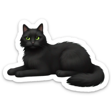 Black extra furry long haired cat fluffy tail fully body laying down with light green eyes sticker