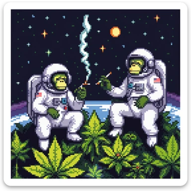multiple apes in space suits floating and smoking weed sticker