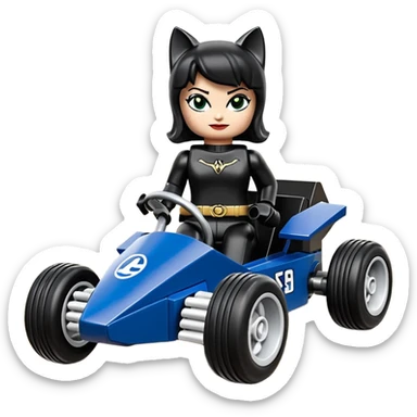 full size real-appearance road racing sexy buxom CatWoman’s feminine midnight-colored tight outfit sixty’s tv show dark stealthy accurate sporty safe plush deluxe Lego off-road pursuit drifting car lexus (black hair,reclining and relaxed torso and shoulders back against seat) rallycross kart  sticker