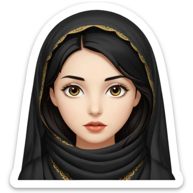 Apariencia: Mujer joven, morena, de gran belleza y porte misterioso.
-Rostro: Ojos grandes y negros, mirada intensa y fija; labios marcados.
-Cabello: Negro, largo y brillante, suele ir cubierto parcialmente por un velo o pañuelo oriental. Cuerpo conpleto sticker