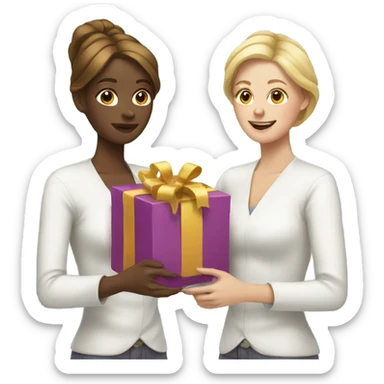 Two white women wrapping presents  sticker