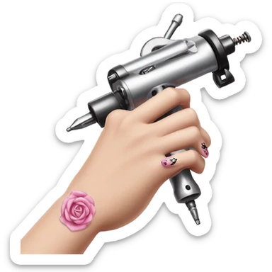 White girl hand with pink nails holding a tattoo machine sticker