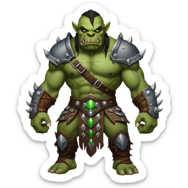 Cinematic Realistic WoW Orc Warrior Portrait, captured in a dynamic, battle-ready stance, muscles bulging beneath intricately detailed tribal armor accented with dark leather and iron. His fierce, determined eyes and battle-scarred green skin are rendered with dramatic natural lighting and high shine, exuding raw, relentless fury in a fierce combat pose. sticker