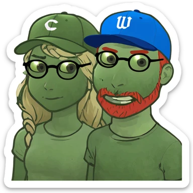 Brunette girl, with brown round glasses, and freckles and pale man with dirty blonde hair, freckles, blue eyes, and red beard. sticker