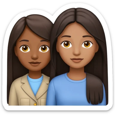 generate me emojis of sisters, one should look older, the other younger. the older one has dark brown hair, long, straight, the younger one is slightly lighter, also straight, long. clothes are any in principle, the main thing is that they more or less look like each other sticker
