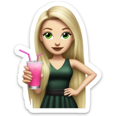 Realistic White girl with Long straight blonde hair, green eyes, tattoos, full body wearing dress and High heels, holding pink drink sticker