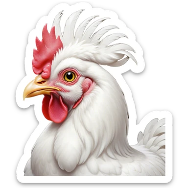Cinematic Noble White Chicken Portrait Emoji, Poised and regal, with a compact, sturdy build and a pristine, well-groomed pure white plumage, deep-set soulful beady eyes, Simplified yet sharp and sophisticated features, highly detailed, glowing with a soft, dignified glow, high shine, intelligent and alert, stylized with an air of barnyard elegance, focused and attentive, soft glowing outline, capturing the essence of a watchful and confident fowl, so majestic it feels as though it could strut out of the screen with effortless authority! sticker