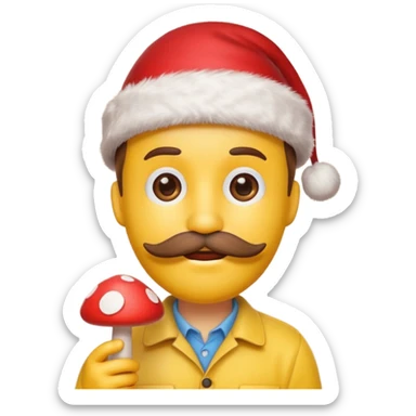 yellow emoji face with brown mustache and red Christmas hat, holding tiny red mushroom, 3D emoji style, 1:1
 sticker