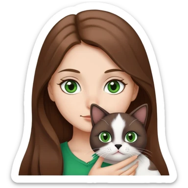 Create a girl with long brown hair and brown eyes holding a small black and white cat (even her nose is black) and green eyes sticker