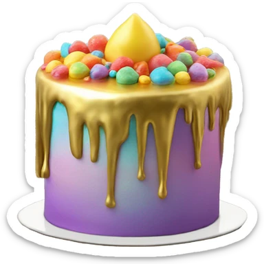 Realistic isolated colorful cake with metallic gold icing dripping from top and all down along the cake sticker