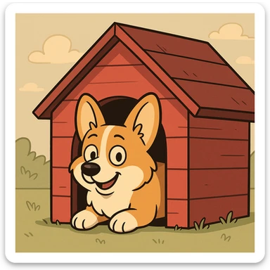 red dog house with a Corgi dog inside, Corgi peeking out, cartoon style sticker