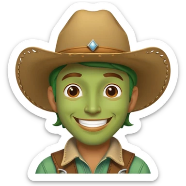 A green cowboy, smiling face with a cowboy hat and green skin sticker