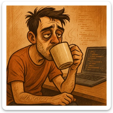 tired programmer with dark circles under his eyes drinking coffee, relatable expressive style sticker
