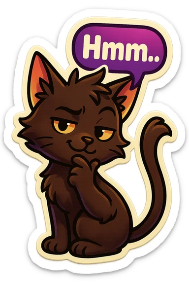 a dark-brown fluffy cute kawaii anime cat with tufted ears and a long thin tufted tail, thinking, smirking thoughtfully, saying “Hmm..” with a purple speech bubble sticker