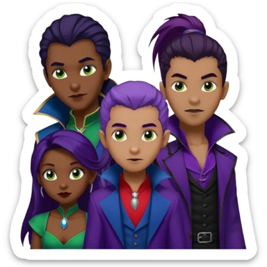 Solo poly platonic relationship, one African girl, one Asian boy, one biracial features Asian tomboy girl rat-tail hair long and upper masculine hair 90s, vampire and marvel cosplay elements inspired  use marvel race, like instead of obvious human, green purple blue etc,  sticker