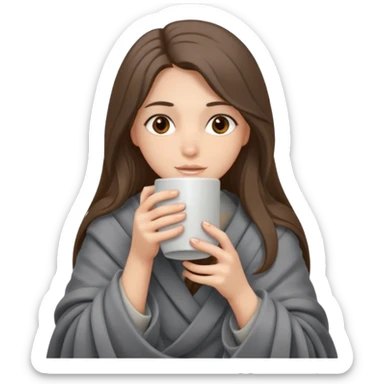 Brown-eyed, fair-skinned girl with long hair down to her shoulders, wrapped in a gray blanket, drinking from a New Year's mug sticker
