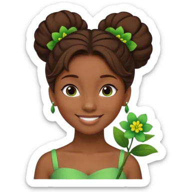 tạo cho tôi emoji tạo hình của công chúa da đen tóc nâu búi tóc 1 bên trên đỉnh đầu, cô ý cài hoa màu xanh lá cây. không đeo khuyên tai sticker