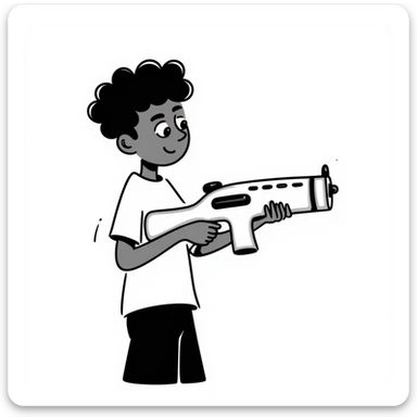 brown-skinned boy with a low taper fade haircut, septum piercing, two eyebrow slits on his left eyebrow, holding a watergun, hand-drawn doodle style sticker