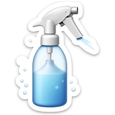 An emoji of a spray bottle actively spraying mist. A fine mist of tiny particles is visible in the air as the nozzle releases the spray. Can resemble a perfume, cologne, or cleaning product. Transparent bottle with a trigger or press nozzle, slightly tilted while spraying sticker