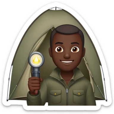 dark skinned man aiming flashlight at tent with evil smile on his face sticker