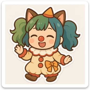 asian girl with cat ears, dressed like a clown, green and blue colored hair, chibi style sticker