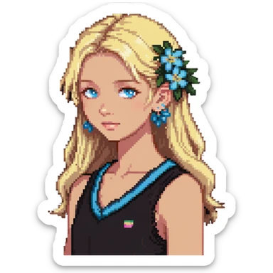 preppy coastal teen girl with blue eyes, beach blonde hair, tan skin, small flowers in her ear, preppy beach outfit sticker