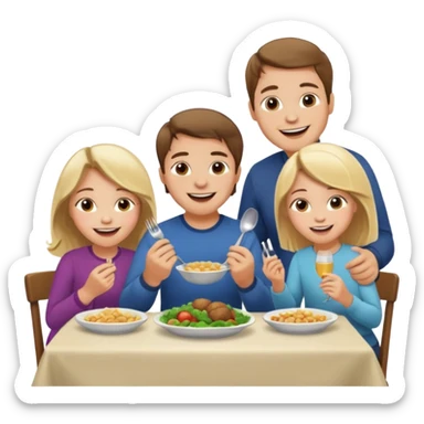 Family eating dinner and laughing together. Husband, wife, boy and girl (4 years old each) sticker