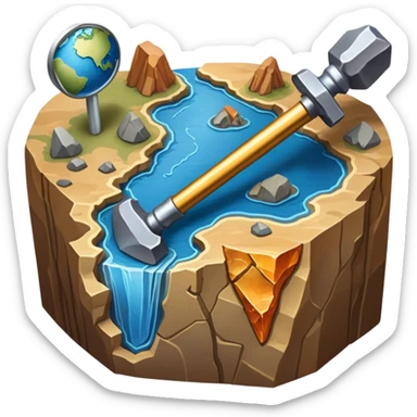 An icon featuring a rock hammer, a geological map, and layers of Earth’s crust, symbolizing geology. The design includes mineral samples, fossils, and tectonic plates, representing the study of Earth’s structure and natural processes. Transparent background highlights geological exploration sticker