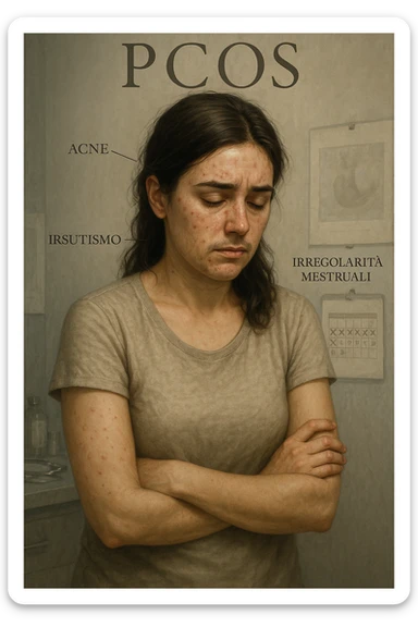 vertical realistic cinematic illustration representing PCOS (polycystic ovary syndrome): shows a woman with typical PCOS signs such as acne, hirsutism, irregular menstruation, and emotional distress. Clinical atmosphere, realistic details, Italian captions, aspect ratio 2:3 sticker