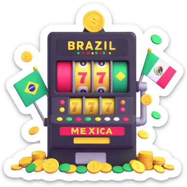 festive slot machine with Brazil and Mexico flags, confetti, and gold coins sticker