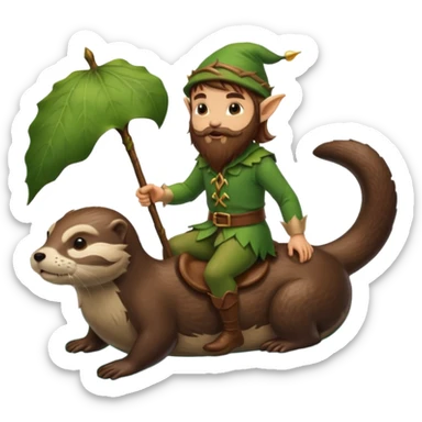 tiny forest elf man long brown hair beard riding an otter sticker