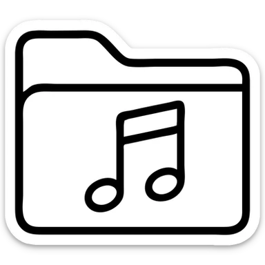 Create a music library folder icon in the style of a bright blue folder with a thin black outline, minimal design, transparent background, and no text. Include a white music note on the folder, matching the exact blue folder style shown in the references. sticker